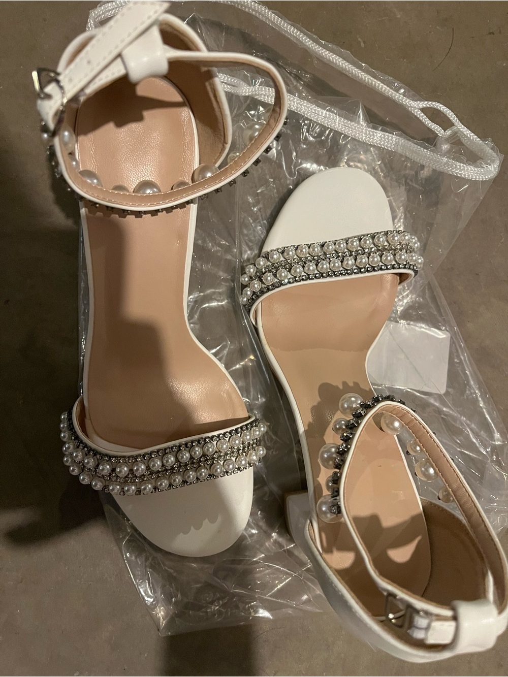 JJs House White Pearl & Crystal Ankle-Strap Heels